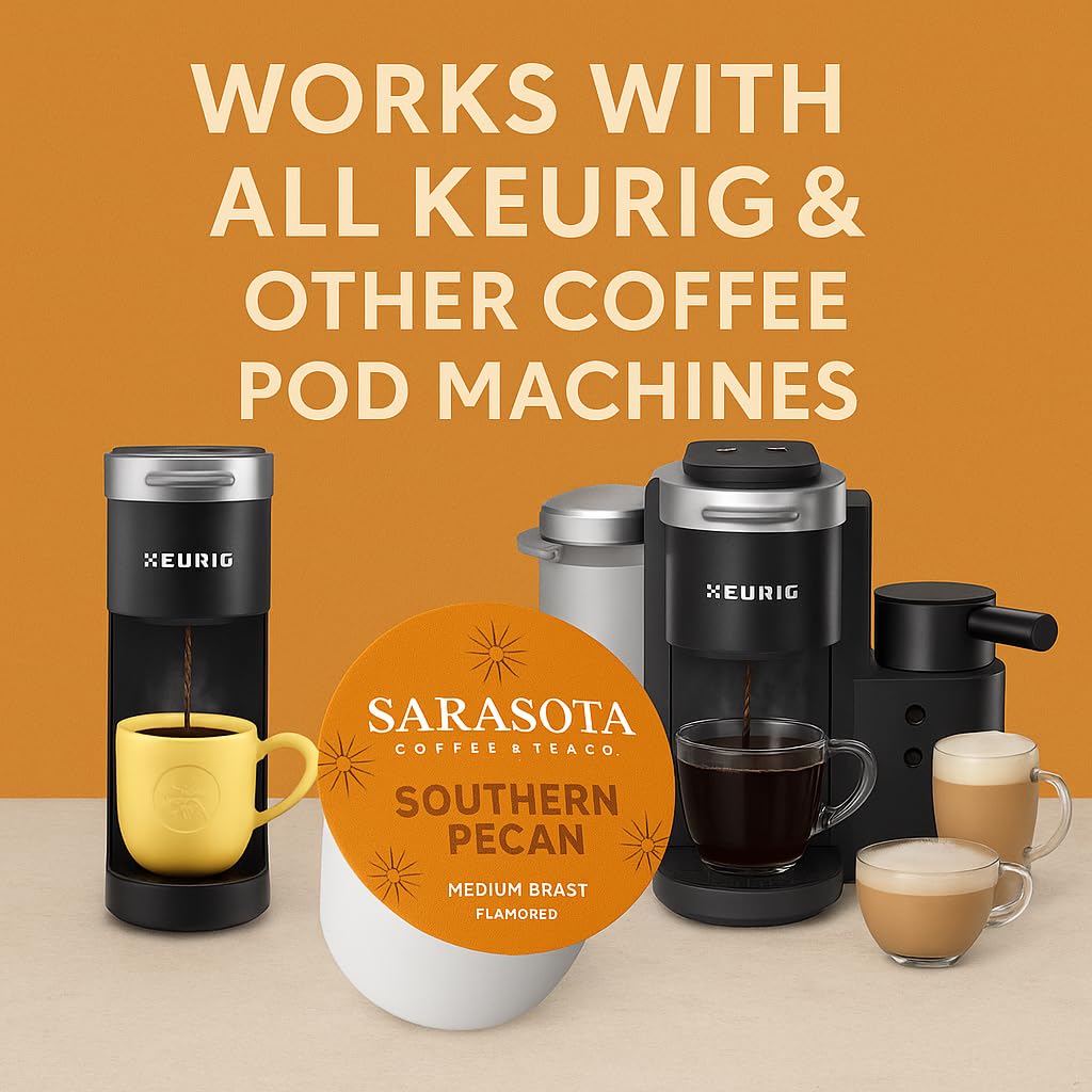 Sarasota K-Cup Coffee Pods | Medium Roast Flavored Coffee | Southern Pecan Crunch | Single Serve for Keurig Brewers | Gourmet, Low Acid, Mold Free | 24 Count