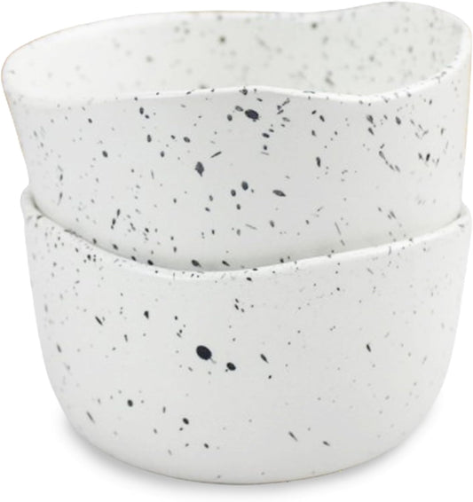 roro Handcrafted 4.5" Ceramic Miso | Rice Bowls, Set of 2 - White Matte Speckled Stoneware - Perfect for Soups
