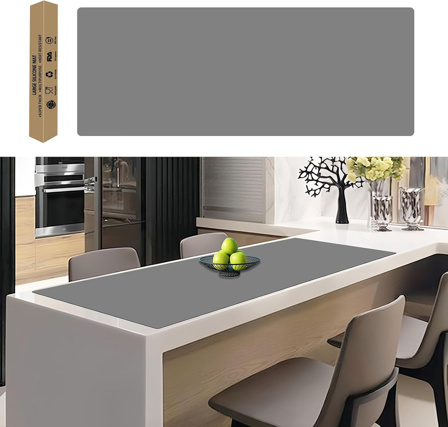 49.2''x15.7''(125cmx40cm) Extra Large Silicone Mat, Silicone Mats for Kitchen Countertop, Heat Resistant Mat Kitchen Island Countertop Protector, Waterproof Kitchen Counter Mats, Light Gray