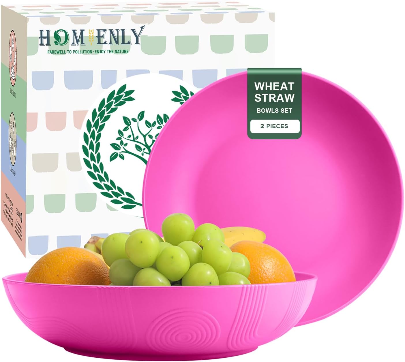 Homienly Wheat Straw Large Salad Bowls, 60 OZ Large Serving Bowls for Kitchen, Camping, Party, Microwave and Dishwasher Safe, Unbreakable Lightweight Big Bowls for Fruit, Salad (Pink)