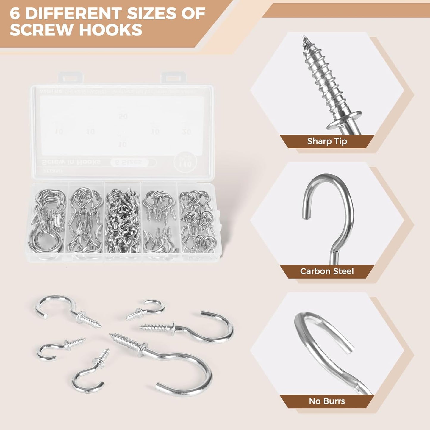 RELBRO Screw Hooks, 6 Sizes Metal Screw in Cup Hooks, 1/2 Inch, 5/8 Inch, 3/4 Inch, 7/8 Inch, 1 Inch, 1-1/4 Inch, Silver, 110 Pcs