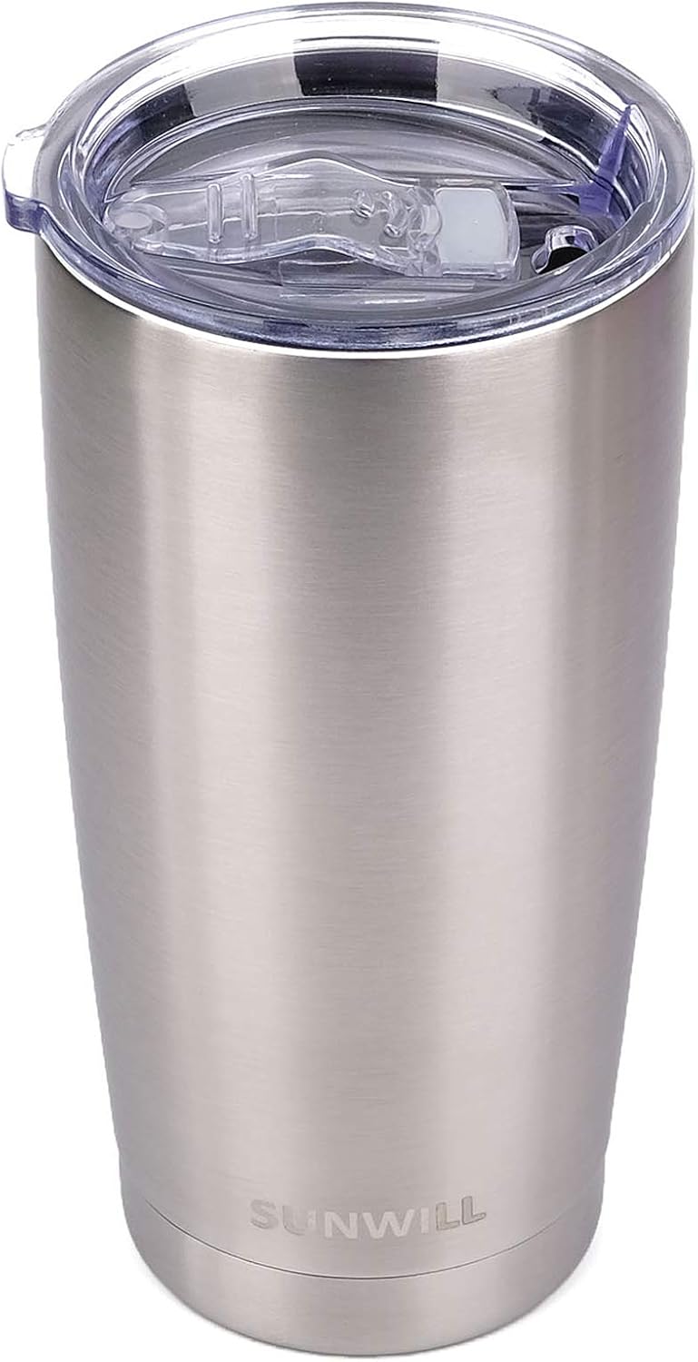 SUNWILL Travel Coffee Tumbler 20 oz, Stainless Steel Mug with Lid, Insulated Cup for Water, Tea, Hot and Cold Drinks, Silver