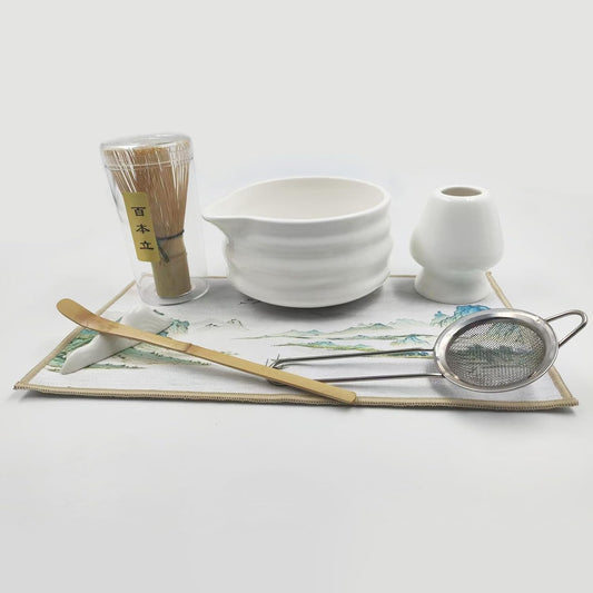 Matcha Whisk Set White, Ceramic Matcha Bowl Set with Bamboo Whisk, Holder, Scoop, Rest, Sifter and Towel – Complete 7 PCS Japanese Matcha Kit, Authentic Traditional Matcha Preparation Set