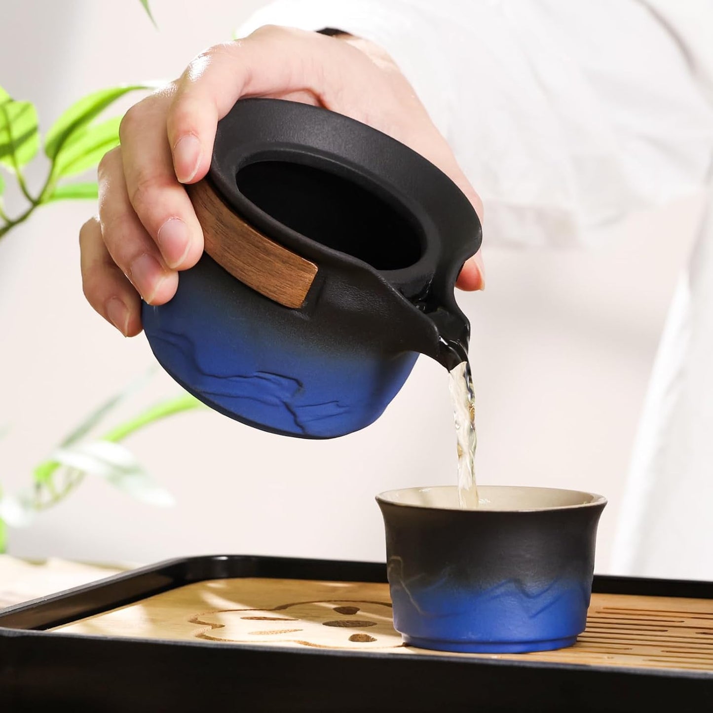 LURRIER Gongfu tea sets, Portable Ceramic TeaSet, Asian Tea sets for adult, Tea Gift sets, Grey leather case, Portable Travel Bag,Home,Gifting,Outdoor and Office(Black and Blue)