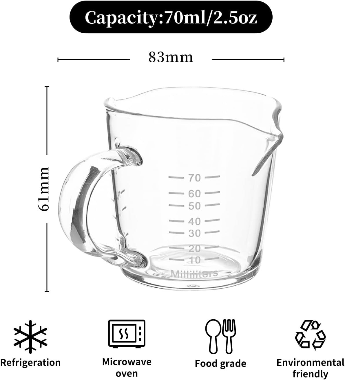 Espresso Shot Glass 3-Ounce Triple Pitcher Barista Double Spouts With Pouring Handle (2 Pack)