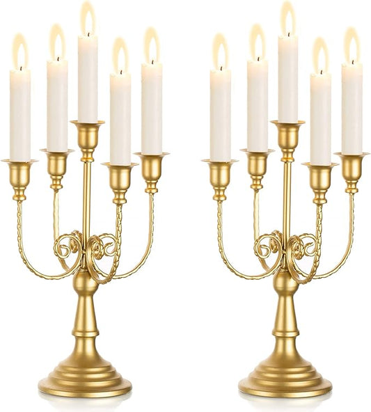 Sziqiqi Candelabra Candle Holder Gold Set of 2-5-stem Metal Candlestick Holders for Taper Candles for Centerpieces Table Wedding Birthday Fireplace Christmas Decor