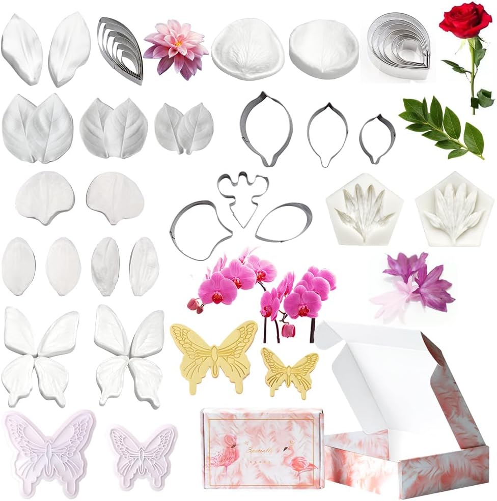 AK ART KITCHENWARE Silicone Veiner Stainless Steel Fondant Cutter Set for Gum Paste Flower Leaf Sugar Craft Tools Cake Decorating Supplies Silicone Veining Molds Moulds for Wedding with Christmas Box