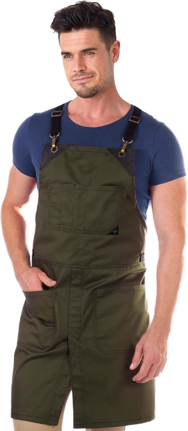 Under NY Sky Cross-Back Moss Green Apron – Durable Twill with Leather Reinforcement and Split-Leg – Adjustable for Men and Women – Pro Chef, Tattoo, Baker, Barista, Bartender, Stylist, Server Aprons