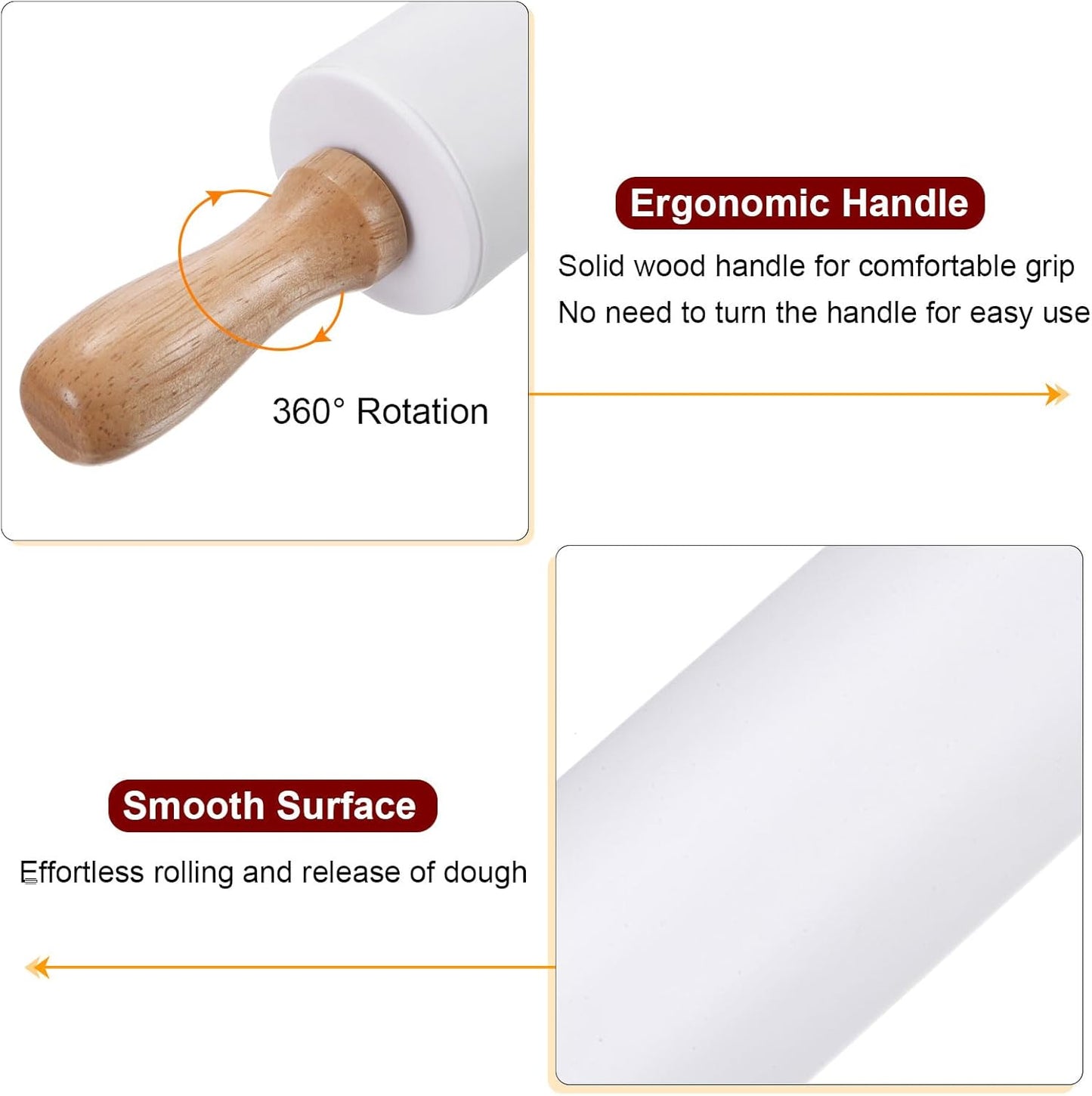 HARFINGTON Silicone Rolling Pins for Baking 9.25 Inch Non-Stick Silicone Surface Wooden Handle Rolling Pin Small Roller Playdough Rolling Pins for Fondant Kitchen Dough Pizza, White