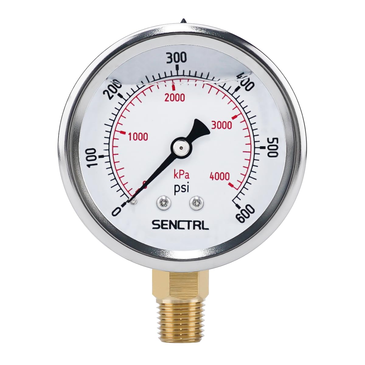 SENCTRL 0-600 Psi Glycerin Liquid Filled Pressure Gauge, 2.5" Dial Size, 1/4" NPT Lower Mount, Stainless Steel Case, for Air Gas Water Oil Hydraulic Pressure Test