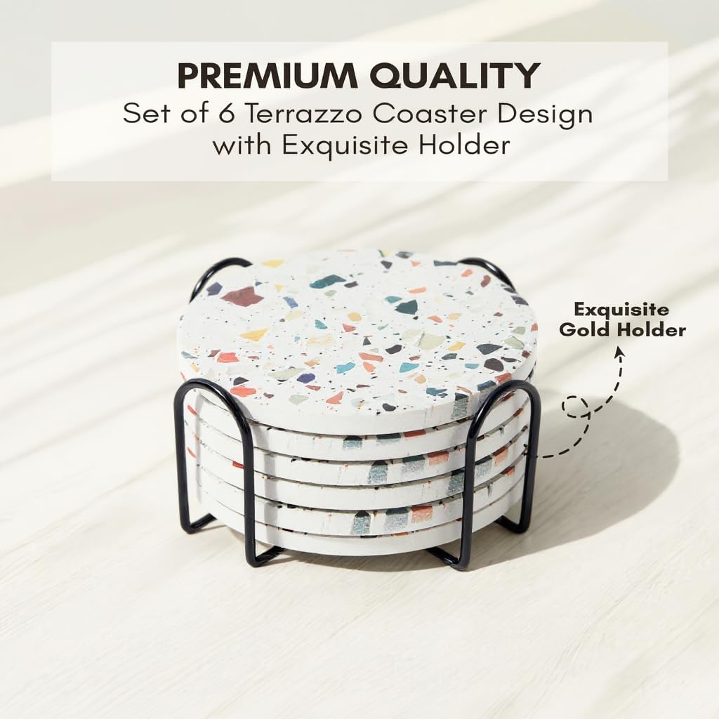 Absorbent Coaster Set of 6 with Holder, Drink Coasters for Coffee Table, Kitchen, Home Decor, Cute Ceramic Round Coasters, Alternative to Silicone, Cork or Glass Coaster (Mosaic with Black Holder)