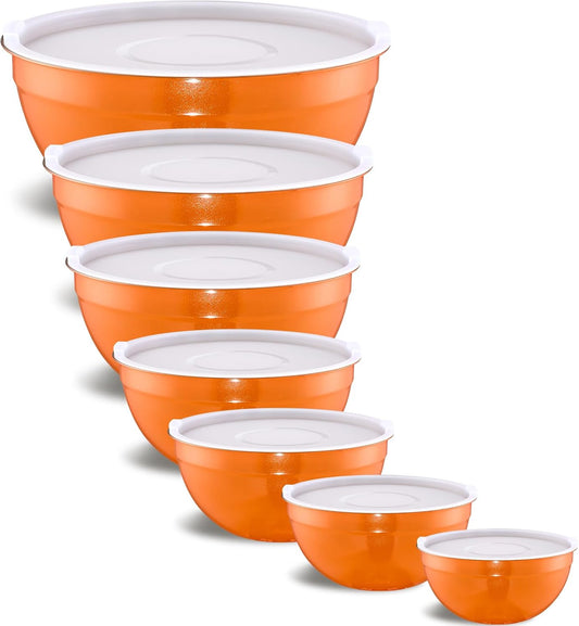Orange Mixing Bowls With Airtight Lids,Stainless Steel Bowl,Salad Bowls 7 Piece Colorful Nesting Bowl Orange Kitchen Accessories,Size 7,3.6,2.7,2.1,1.5,1.1,0.8QT Stackable Design