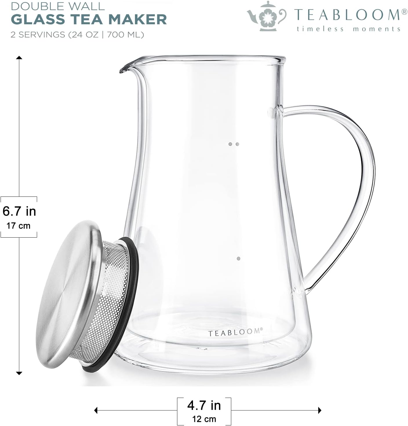 Teabloom Insulated Teapot Keeps Tea Hot – Tea Maker For Two (24 oz) – Double Wall Heatproof Glass Tea Steeper with Stainless Steel Filter Lid for Loose Leaf Tea