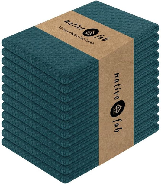 Native Fab Cotton Kitchen Towel with Hanging Loop 16x26 inches, 12-Pack, Waffle Weave Kitchen Towels for Cleaning Drying, Washcloths Soft & Absorbent Cloth Rags, Bar Towel, Dish Cloth, Teal Green