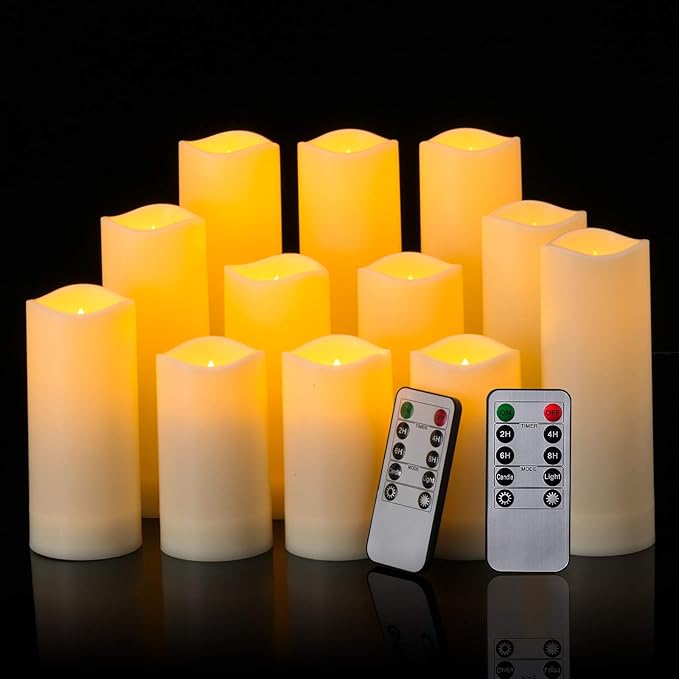 Waterproof Flickering Flameless Candles, Set of 12 Battery Operated Candles (D2.2'' x H4''5''6''7"), Outdoor Indoor Candles with 10-Key Timer Remote, Long Lasting