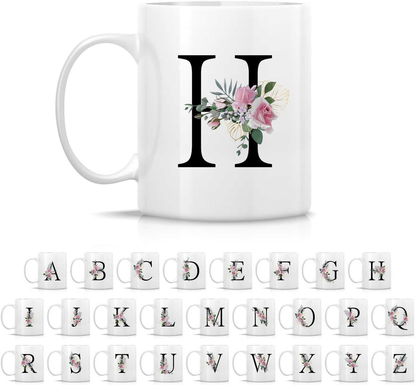 Retreez Initial A-Z Floral Botanical Bouquet Alphabet Monogrammed Monogram Mug 11 Oz Ceramic Tea Coffee Mugs - Appreciation Thank You Wedding Birthday Gifts for her friend coworker sister - H Initial