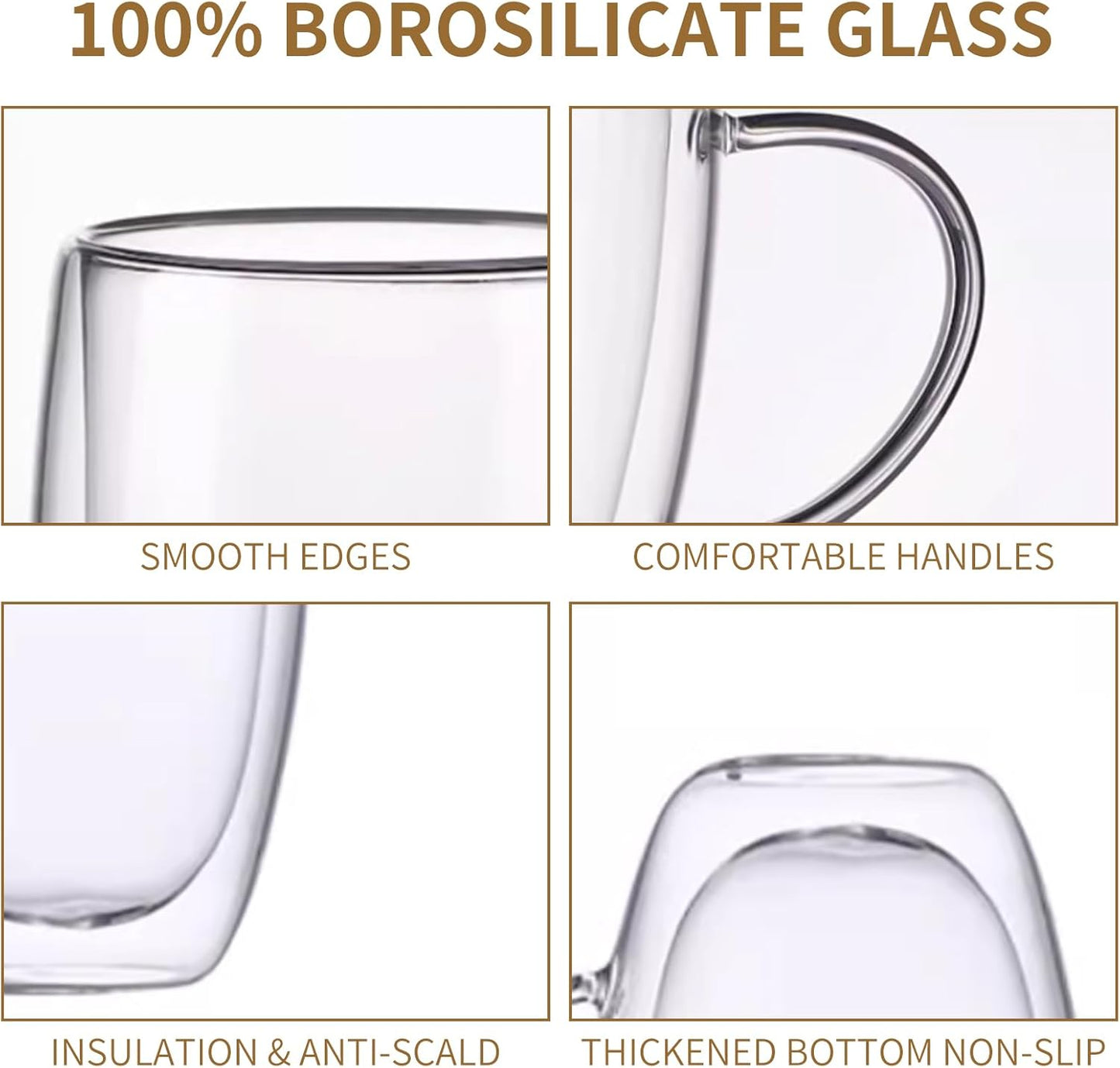 12OZ Double Wall Glass Cups With Handle, Large Glass Mugs Espresso Cups Set of 2, 330ML Clear Coffee Cup, Double Wall Insulated Mugs, Microwave Dishwasher Safe