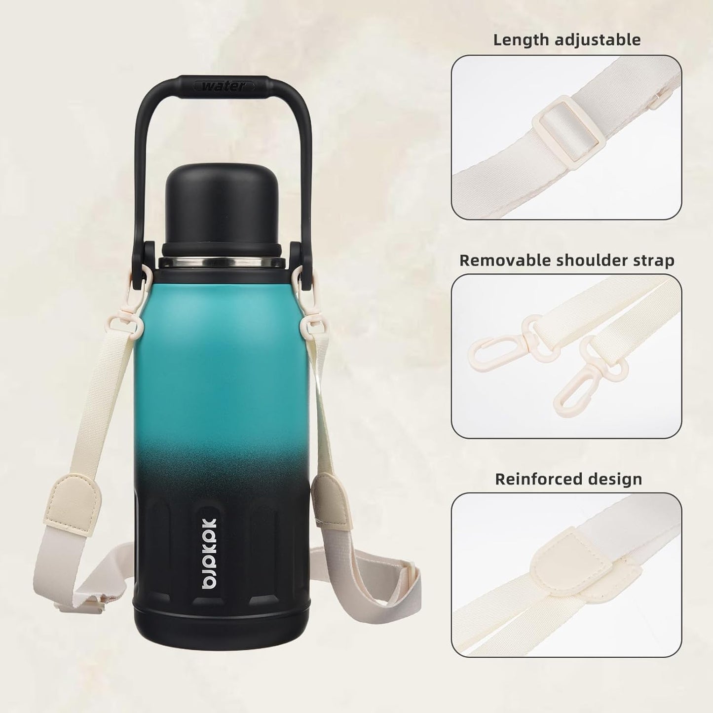 BJPKPK Insulated Thermos Water Bottle with Handle and Lid 40oz Stainless Steel Water Bottles for Cold and Hot Beverages,TealBlack