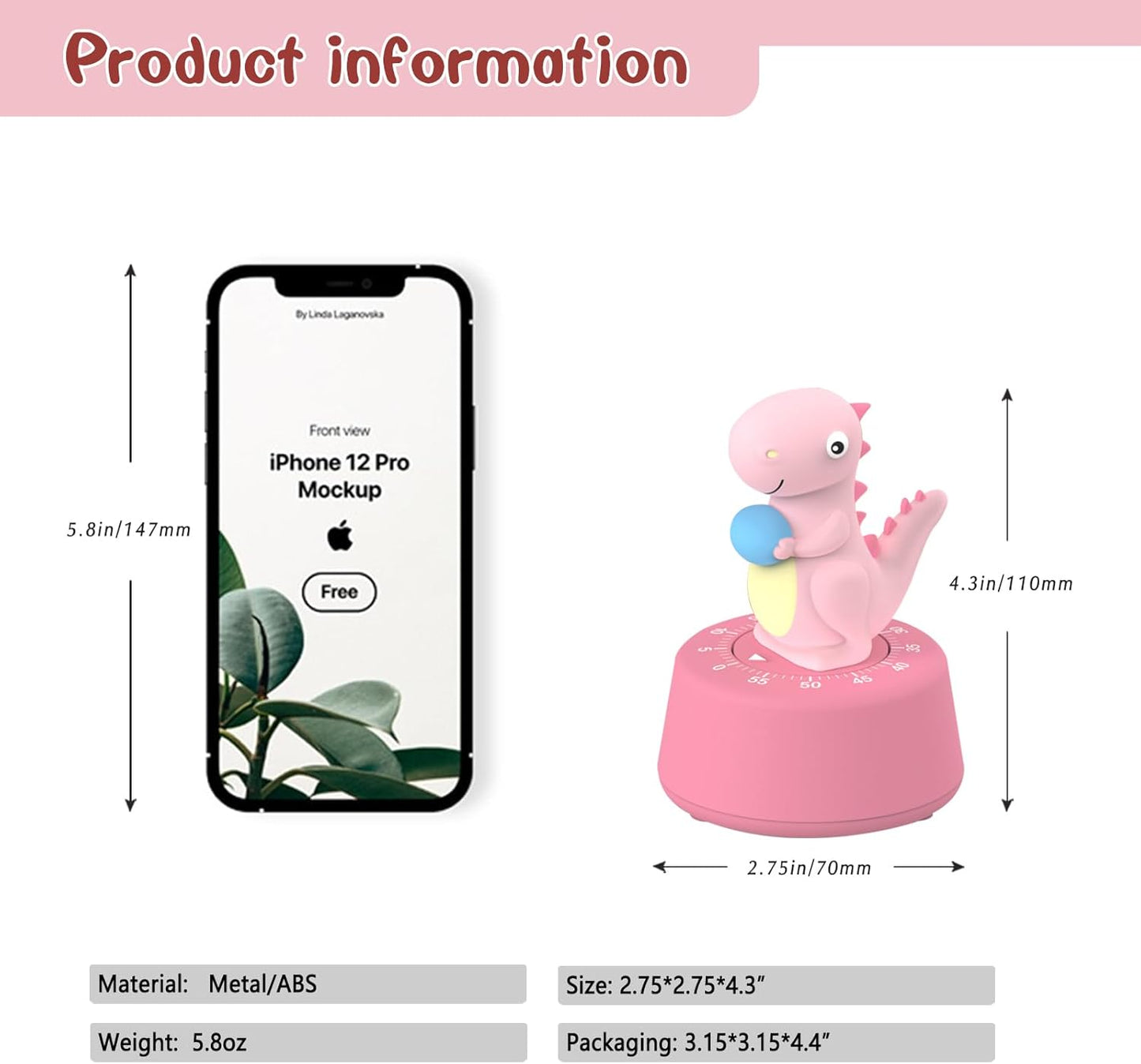 60 Minutes Mechanical Kitchen Timer,Cute Dinosaur Timer for Kids,Wind Up Egg Timer for Cooking,Reading,Classroom and Do Sports. (Pink)