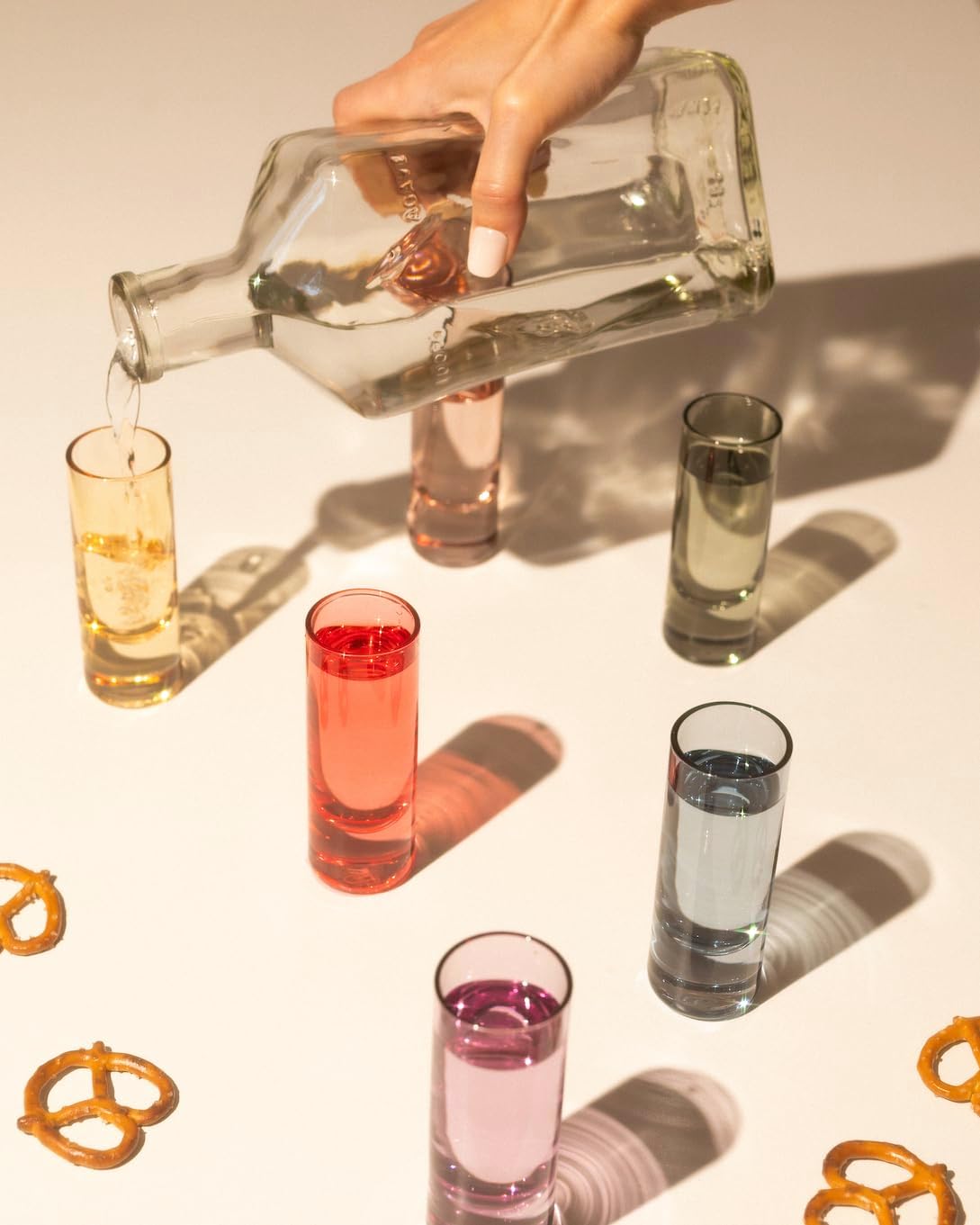 Saludi Colored Shot Glasses, 2oz (Set of 6) Multi-Color Glass with Wood Paddle - Luxury, Durable, Hand-Blown, Cute, Cool, Pink, Christmas, Rainbow, Unique, Tequila