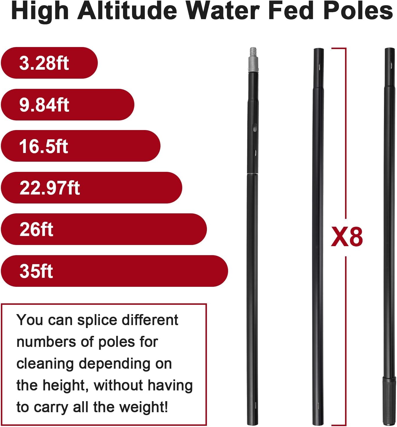 35ft Water Fed Pole Kit, Rotatable Solar Panel Cleaning Brush & Squeegee, 2 Dusting Brushes, Extendable Black Lightweight Pole for Roof Window
