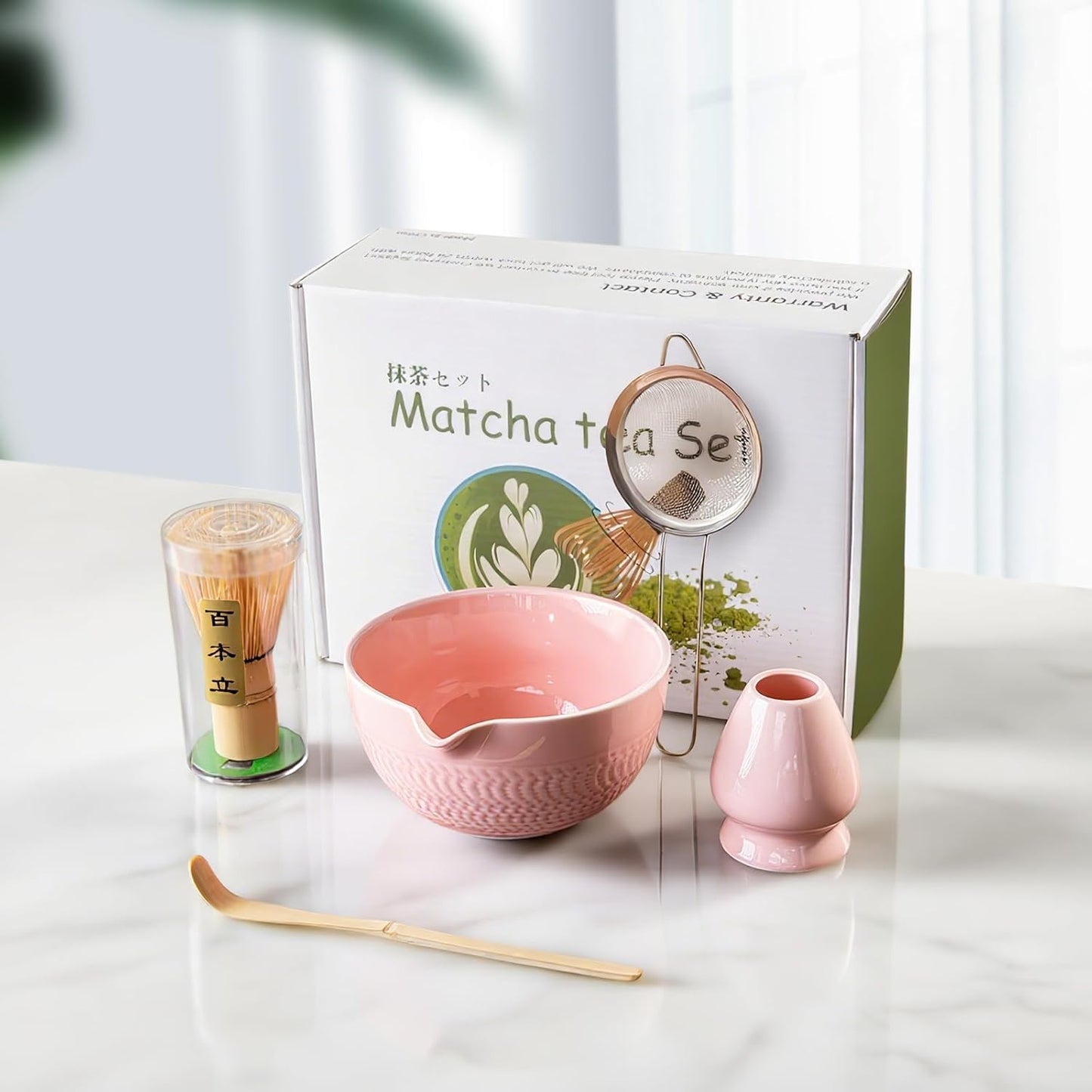 Matcha Whisk Set Pink, Ceramic Matcha Set Included Matcha Bowl with Spout, Matcha Whisk and Holder, Sifter, Bamboo Scoop, 5 Pcs Matcha Bowl and Whisk Kit for Matcha Lovers for Birthday Christmas