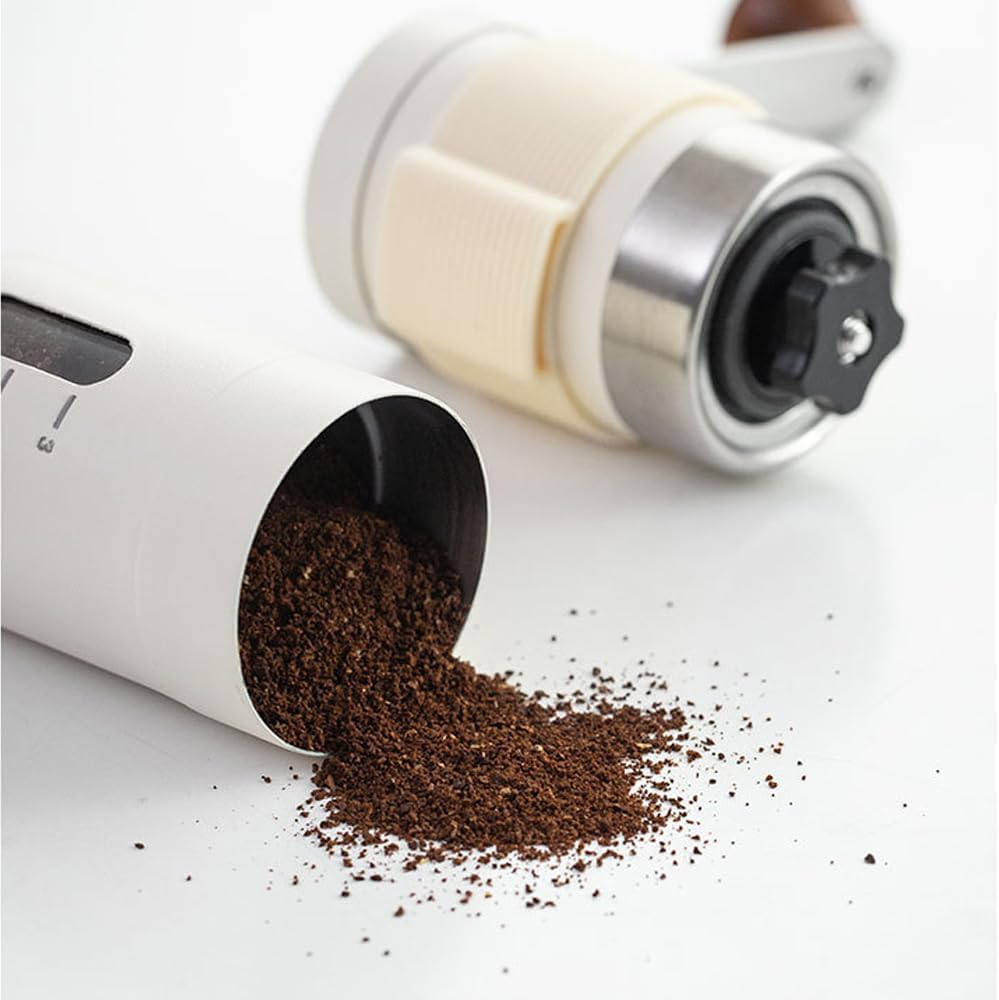 Mini Manual Coffee Bean Grinder for Travel Camping, Hand Held Espresso Burr Ceramic Coarseness White 304 Stainless Steel Small Mill Kit for Home Use with Portable Storage Pouch Brush Spoon