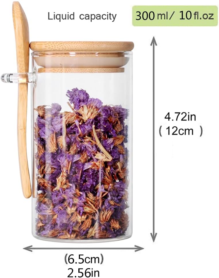 Set of 8 Glass Jars with Bamboo Lids and Spoons, 10 OZ Airtight Small Glass Tea Containers for Loose Tea, Coffee and Sugar Glass Container for Yogurt Jars with Lids