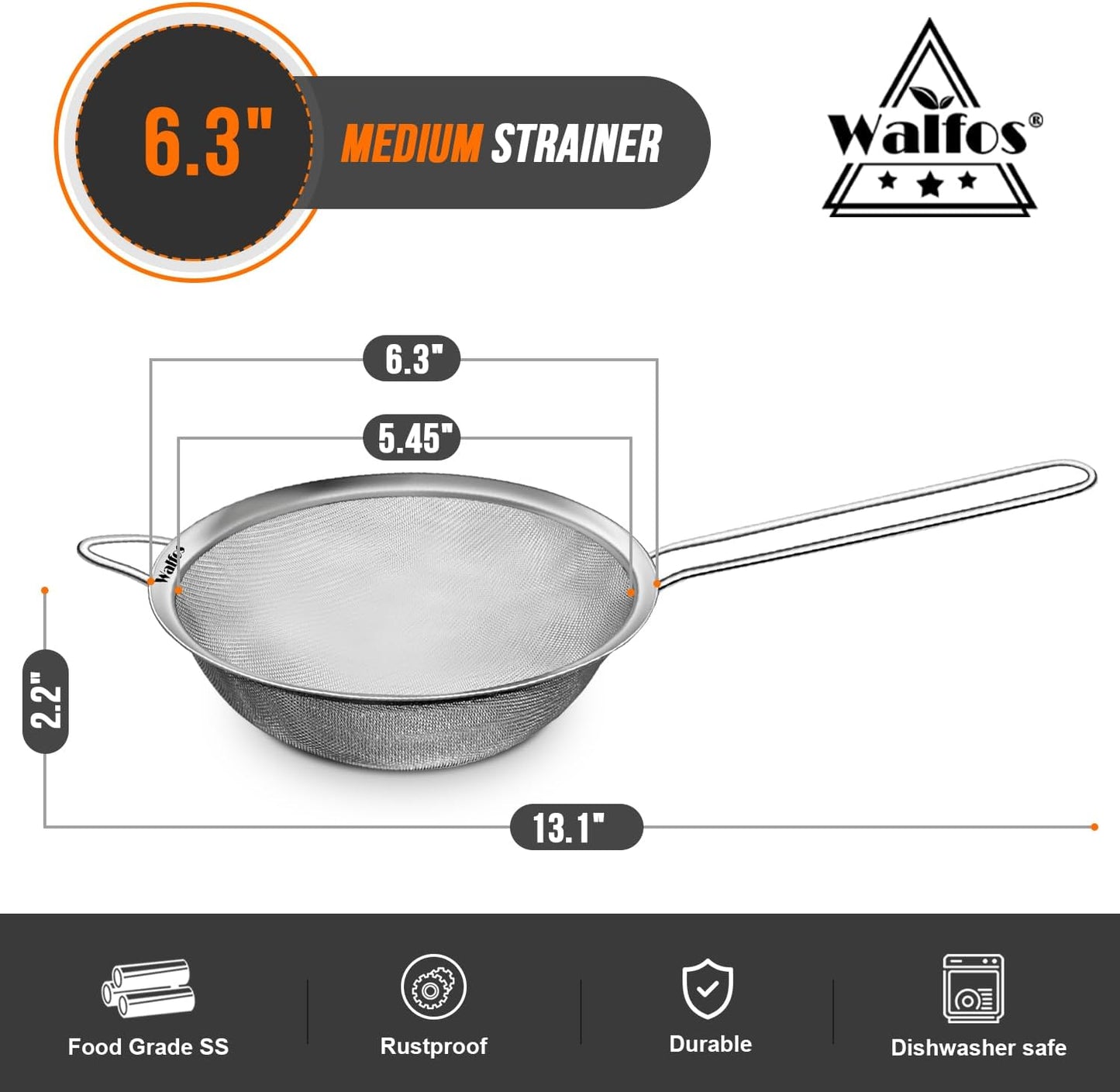 Walfos 6.3 Inch Fine Mesh Strainer, Premium Stainless Steel Sieve and Sifter with Handle, Kitchen Metal Strainers for Rice, Quinoa, Fruits, Noodles, Flour