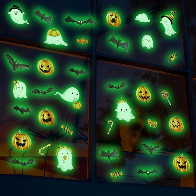 clothmile 3 Sheets Glow in The Dark Halloween Window Clings Luminous Halloween Window Stickers Removable Pumpkin Ghost Bat Wall Decor Glowing Window Clings for Scary Halloween Theme Party Decorations