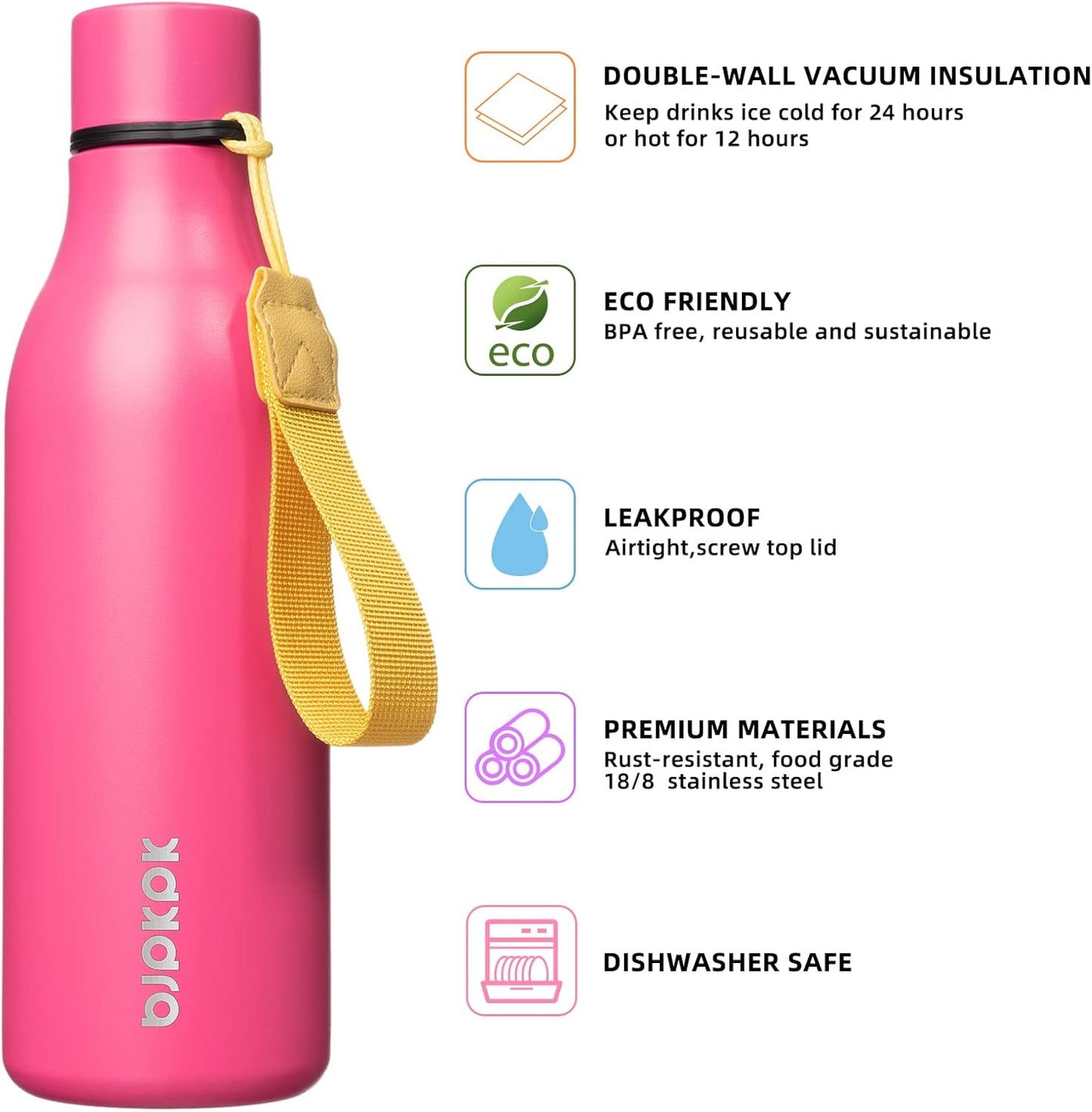 BJPKPK Insulated Water Bottles, 18 oz Stainless Steel Metal Water Bottle with Strap, BPA Free Leak Proof Thermos, Mugs, Flasks, Reusable Water Bottle for Sports & Travel, Pink