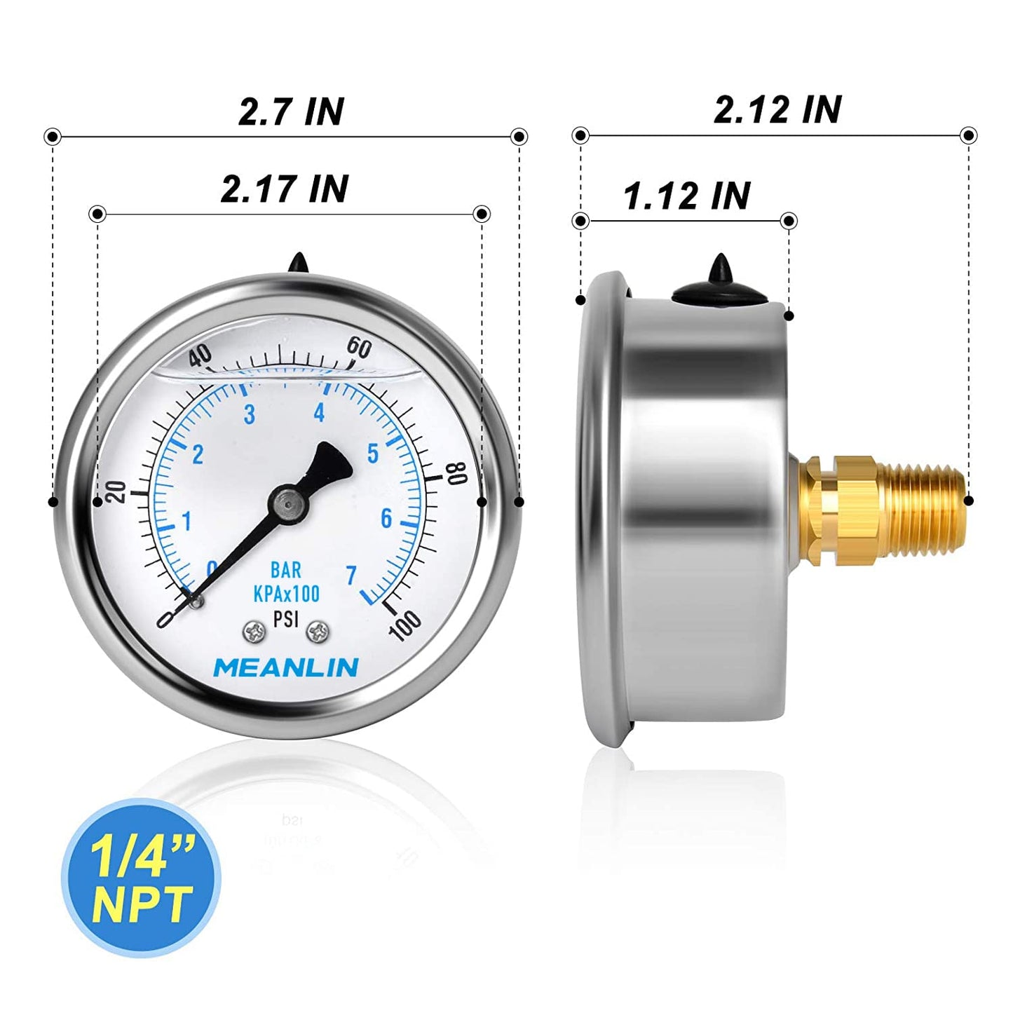 MEANLIN MEASURE 0~100Psi Stainless Steel 1/4" NPT 2.5" FACE DIAL Liquid Filled Pressure Gauge WOG Water Oil Air Back Mount (Pack of 2), with 1/2" NPT and 3/8" NPT Hex Bushing