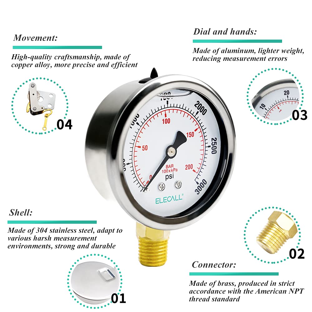 ELECALL 2-1/2” Glycerin Liquid Filled Air Pressure Gauge, 0-3000Psi, 1/4”NPT Lower Mount, Stainless Steel Case, Brass Internals, Water Pressure Gauge