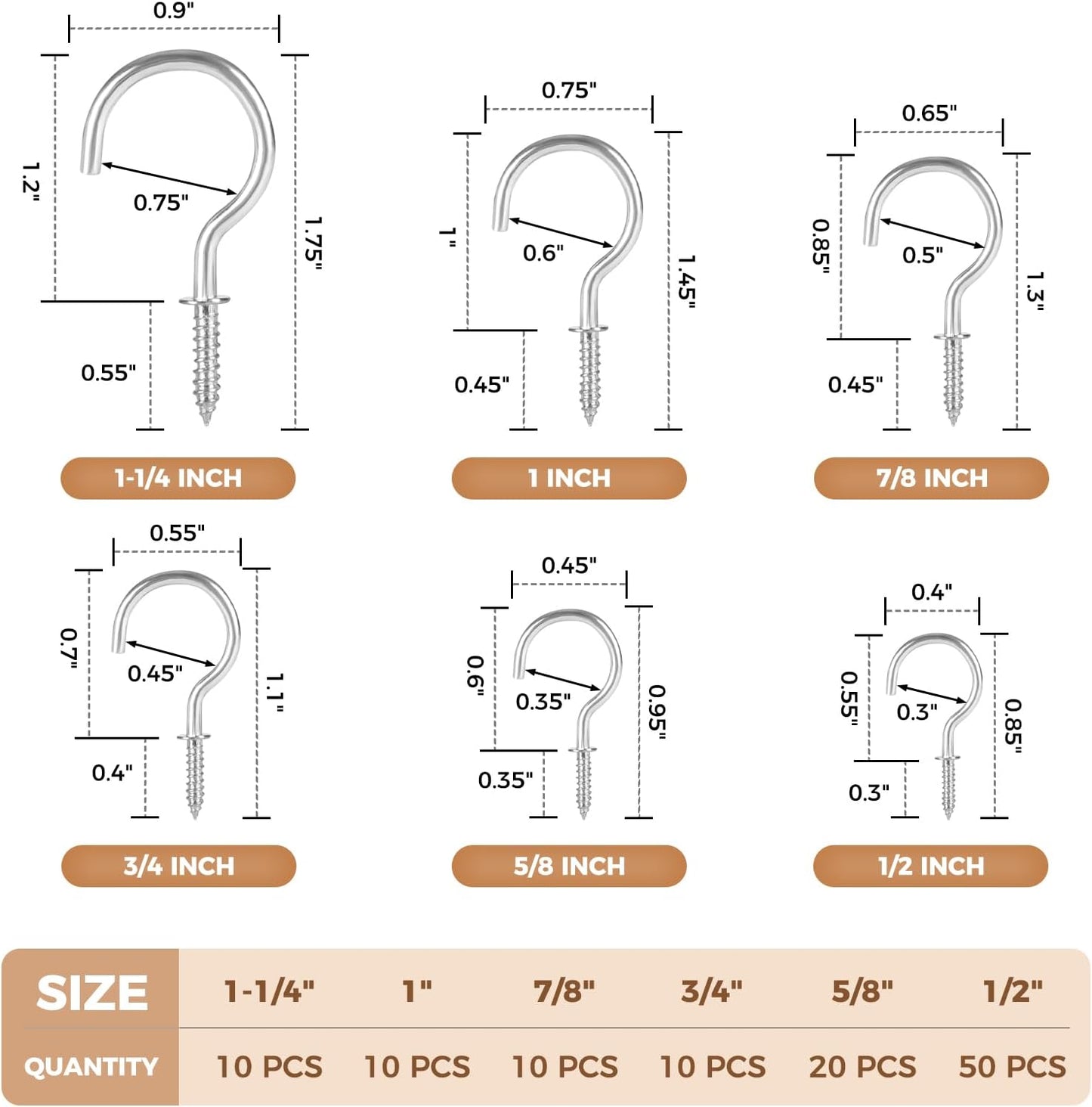 RELBRO Screw Hooks, 6 Sizes Metal Screw in Cup Hooks, 1/2 Inch, 5/8 Inch, 3/4 Inch, 7/8 Inch, 1 Inch, 1-1/4 Inch, Silver, 110 Pcs