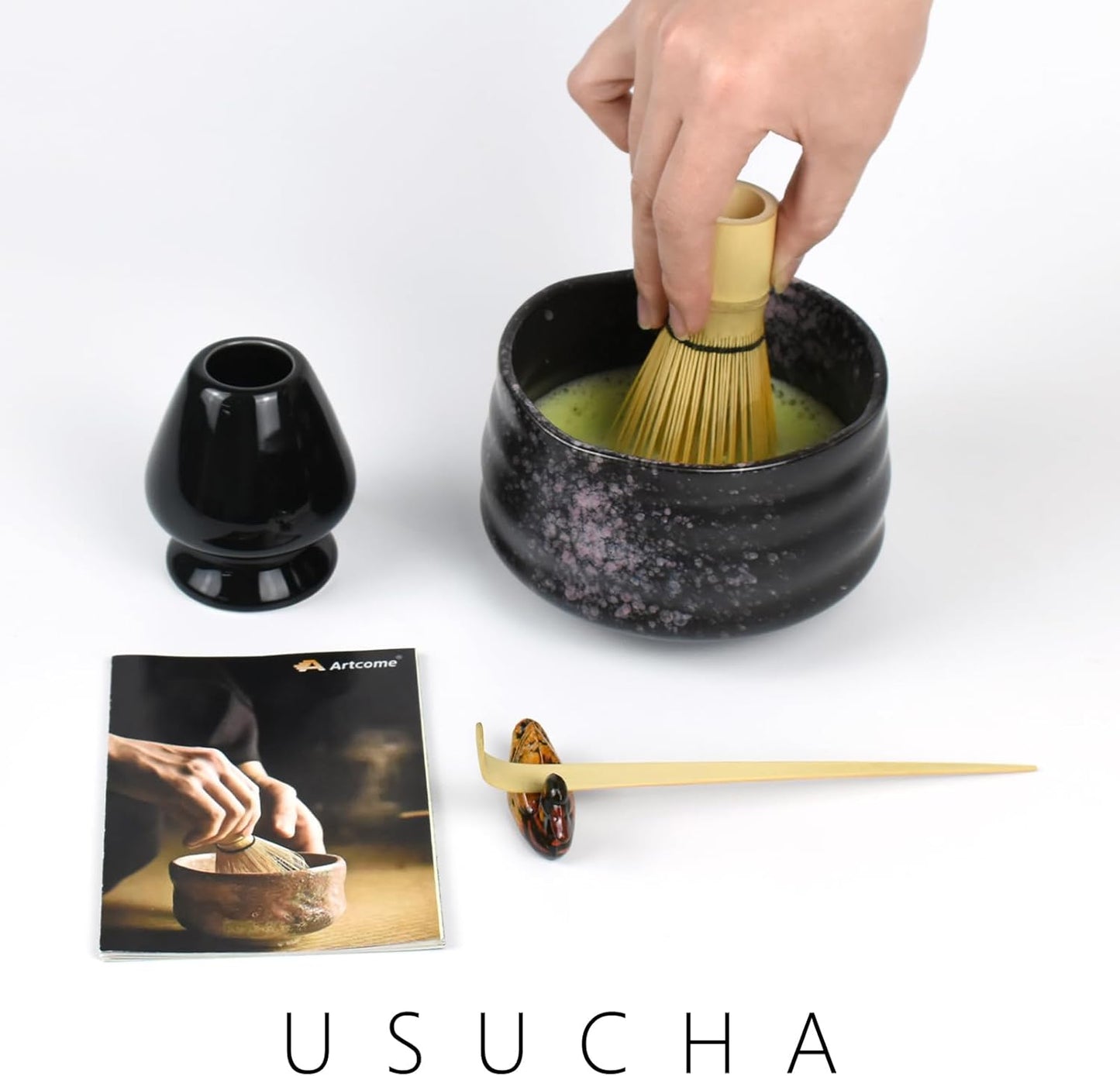 Artcome Matcha Ceremony Kit for Japanese Tea Ceremony, Traditional Matcha Bowl, Whisk, Tea Scoop, Matcha Powder Strainer, Matcha Tea Set For Making Usucha, Koicha and Matcha Latte (Black)