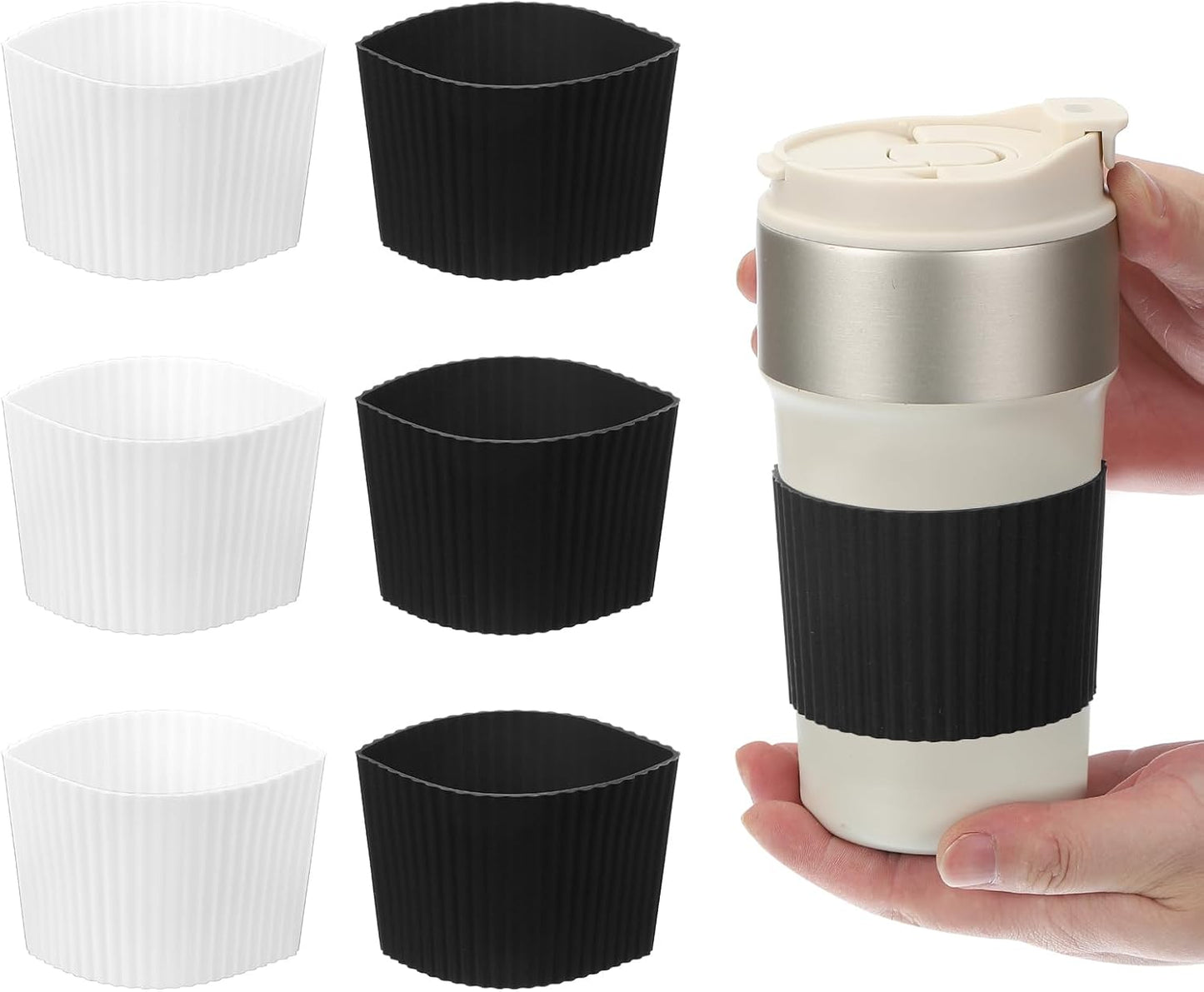uxcell 6Pack Coffee Cup Sleeves, Reusable Silicone Heat Resistant Cup Protective Sleeve Nonslip Mug Protector Cover for Home Travel Coffee Mug Glasses Water Bottle Boots, White/Black