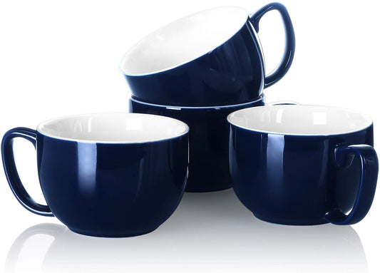 Teocera 16oz Large Coffee Mugs Set of 4 - Thick White Porcelain Cups for Cappuccino, Latte, Tea & Hot Chocolate - Dishwasher Safe Ceramic with Comfort Grip Handles（Navy