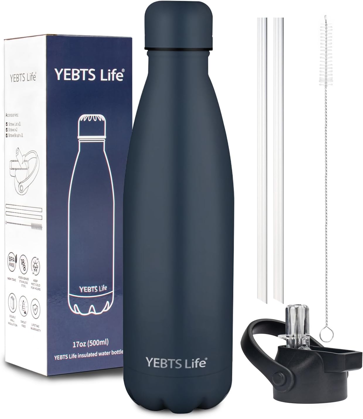 Insulated Water Bottle, 17oz Stainless Steel Water Bottles with straw lid, Metal Sports Water Bottles for Boys,Girls, Double Wall Vacuum BPA-Free Flask for School, Sports (Dark blue)