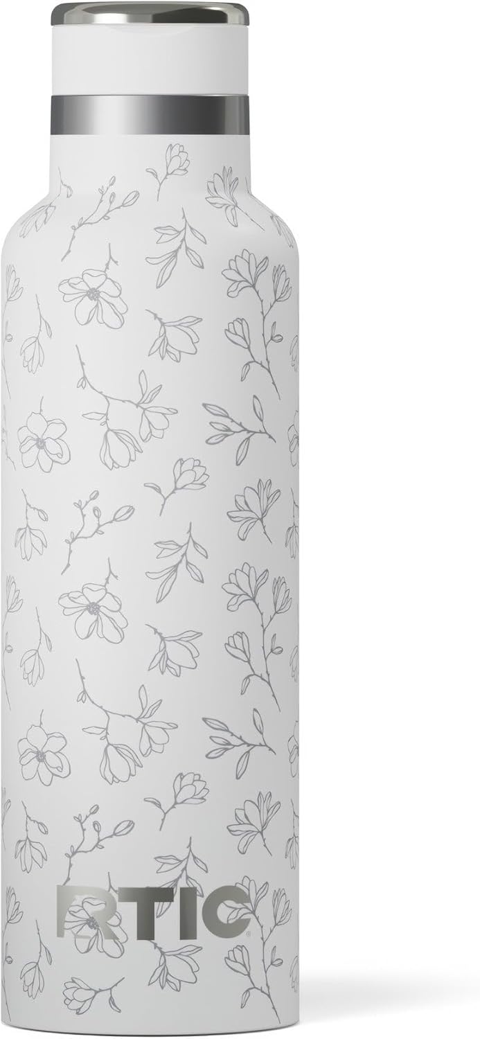 RTIC 20oz Journey Bottle Metal Stainless Steel Vacuum Insulated, BPA Free, Reusable, for Water, Hot and Cold Drinks, Travel, Sports, Camping, White Magnolias