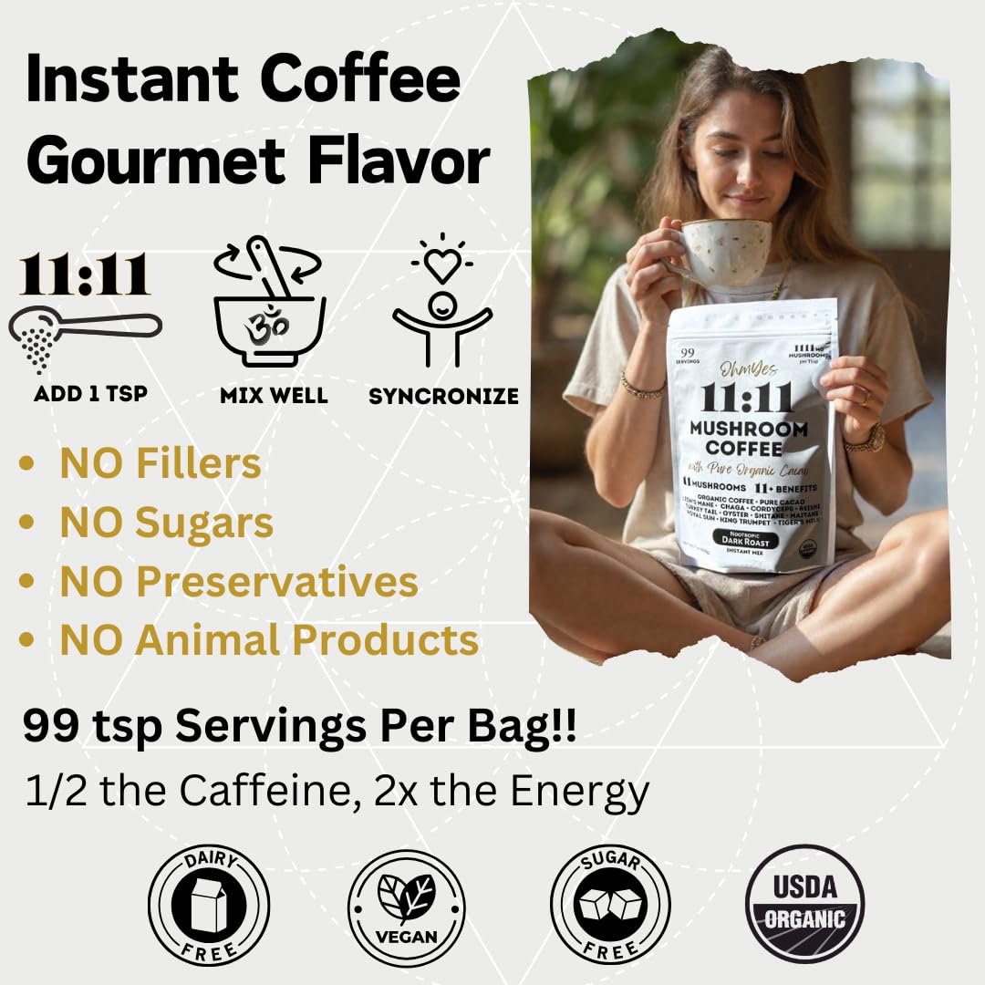 Organic Mushroom Coffee with Cacao – 11x Adaptogenic Mushrooms for Focus, Clarity & Energy – Lion’s Mane, Reishi, Chaga + Nootropic Superfood by OhmYes (7oz) - 99 Servings