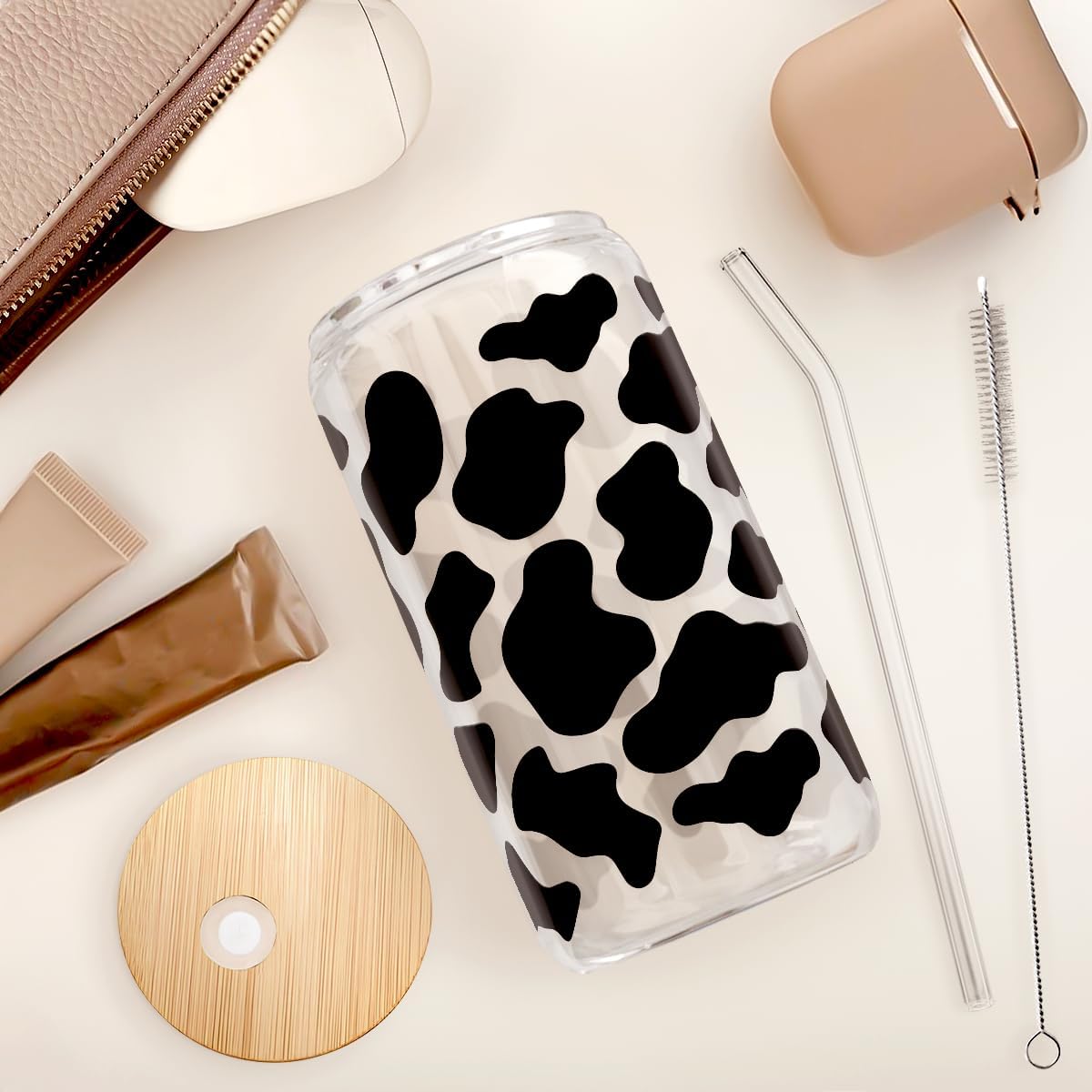 SANDJEST Cow Glass Can, Cow Prints Cup with Lid & Straw, Iced Coffee Aesthetic Cups, Idea Gift for Christmas Birthday Mother Day, Gifts for Women, 16oz