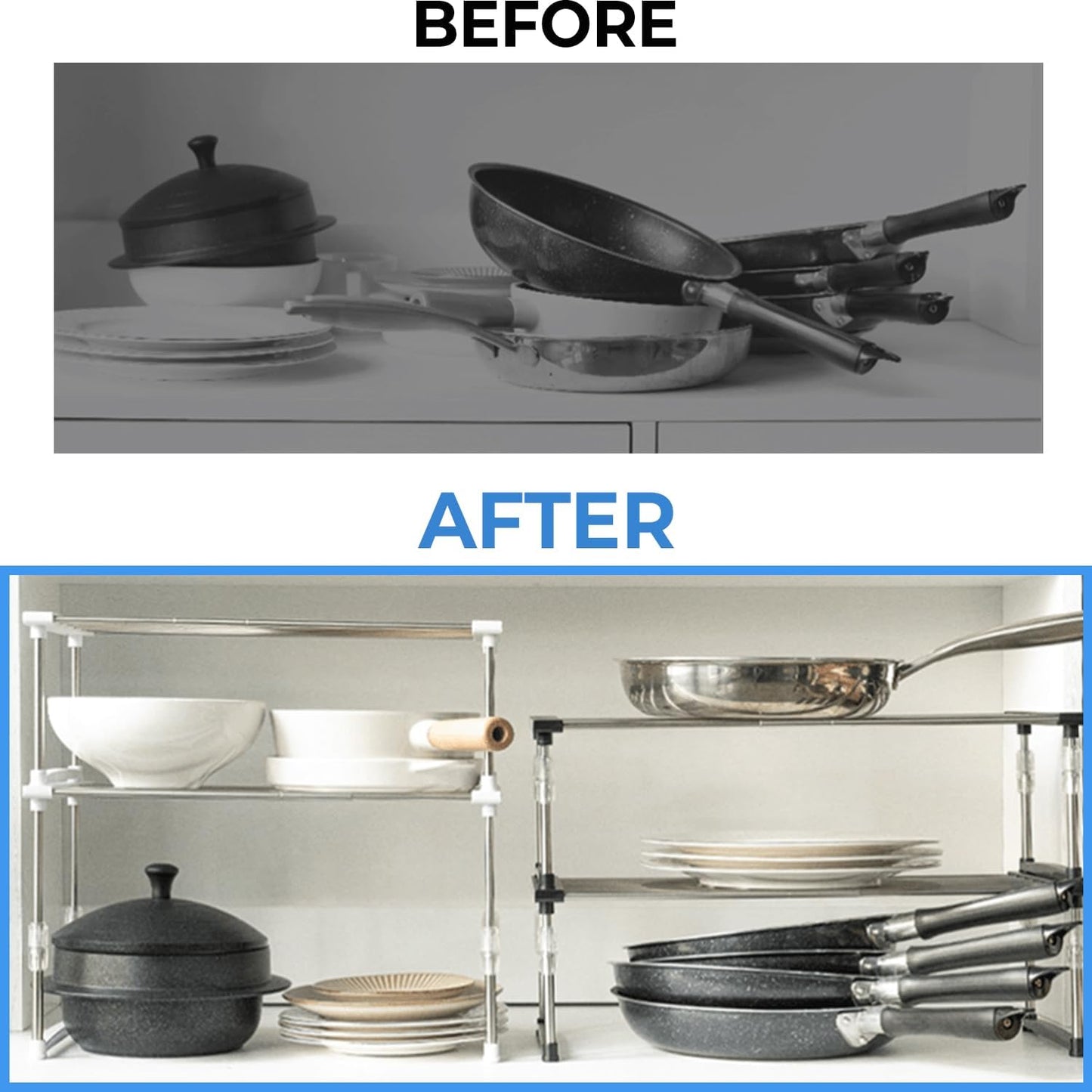 carrotez Expandable Cabinet Organizer, Set of 1 Width & Height-Adjustable Kitchen Cabinet Organizer Shelf, Stackable Kitchen Counter Shelf, 11.8~19.6 x 7.8 x 5.9~9" White