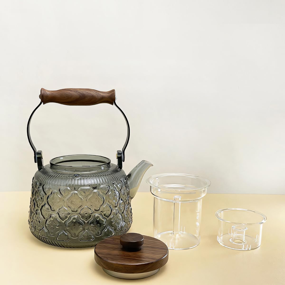 IwaiLoft Stovetop Safe Glass Teapot with Malus Spectabilis Pattern Removable Infuser Fine Borosilicate Tea Pot perfect for Fruit Flowering Tea Canister Premium Quality Tea Kettle Gift(Transparent)