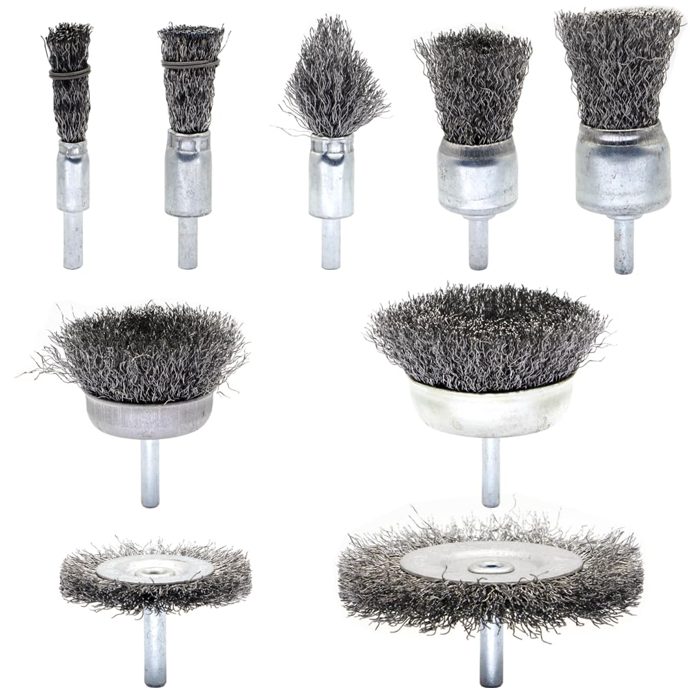 9-Piece Large Wire Brush Wheel Set - Metal Rust Removal, Polishing, Cleaning - 1/4″ (6mm) Shaft - Removes Burrs, Dust, and Paint - Handles Rough Surfaces - Rotary Tool Accessories