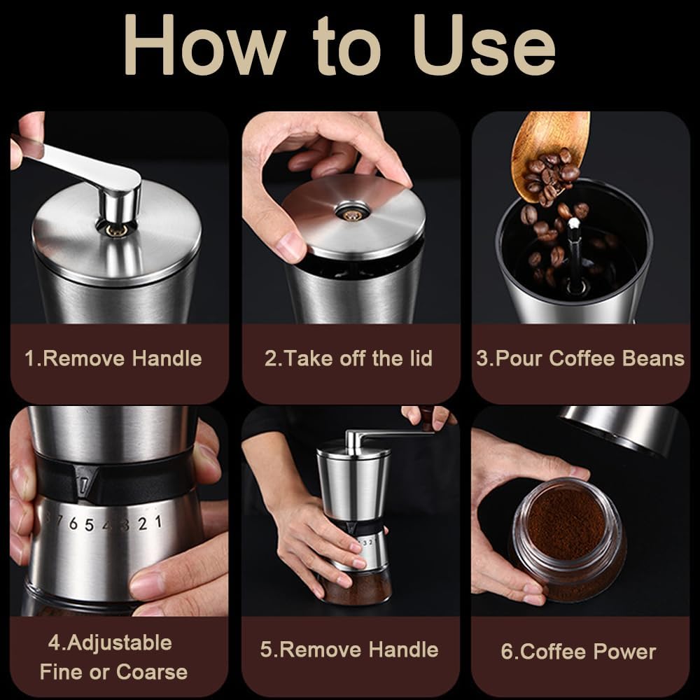 Precision Manual Coffee Grinder Large Capacity for Home Use, 8 Adjustable Coarseness Setting, Ceramic Burr Hand Held Stainless Steel Espresso Bean Mill for Travel Camping, Easy to Clean