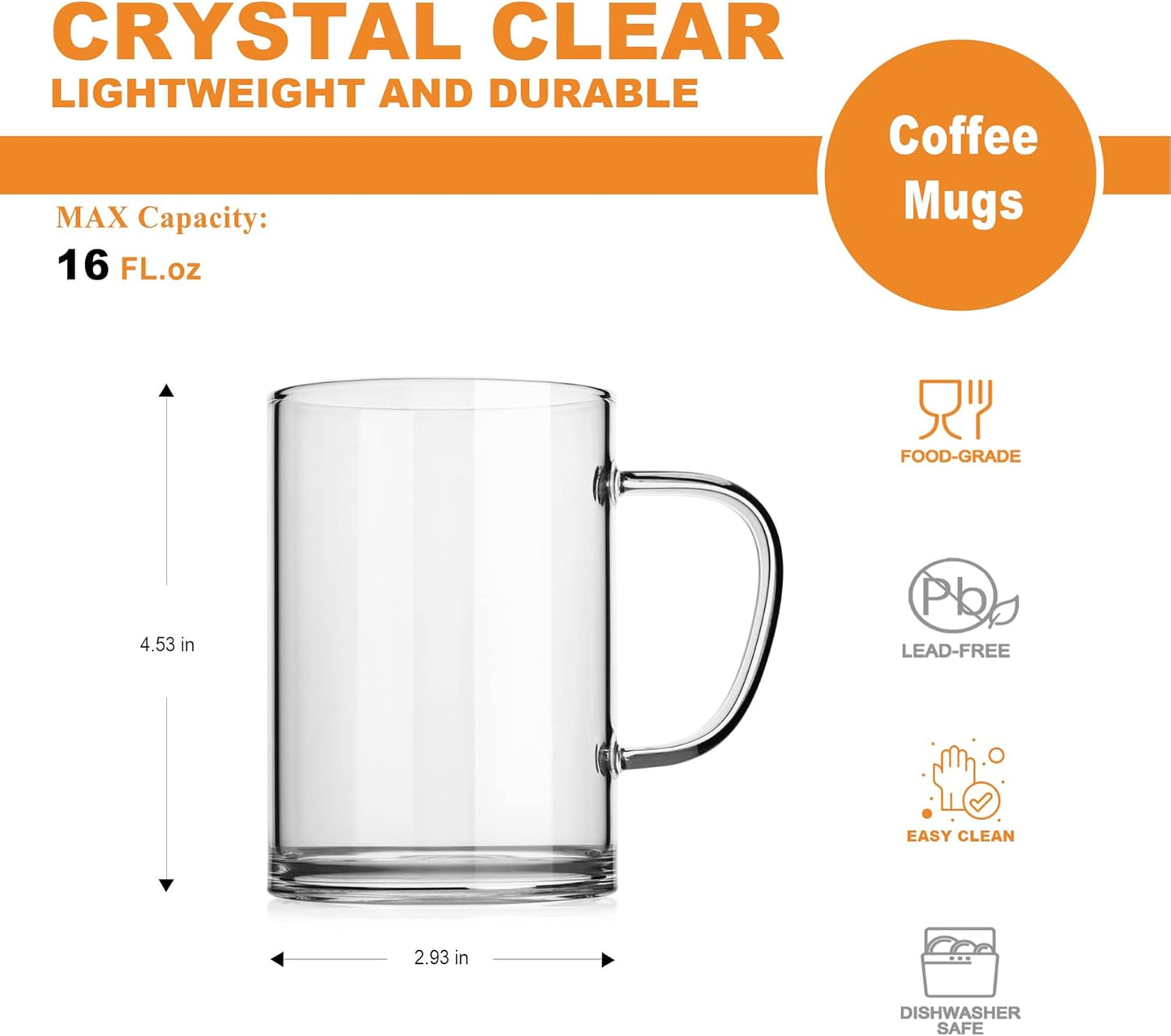 LUXU Glass Coffee Mugs 16 oz,Set of 4 Large Glass Coffee Cups Clear Tea Cups,Lead-Free Glasses Cups for Water,Latte,Milk-Flat Bottomed Design