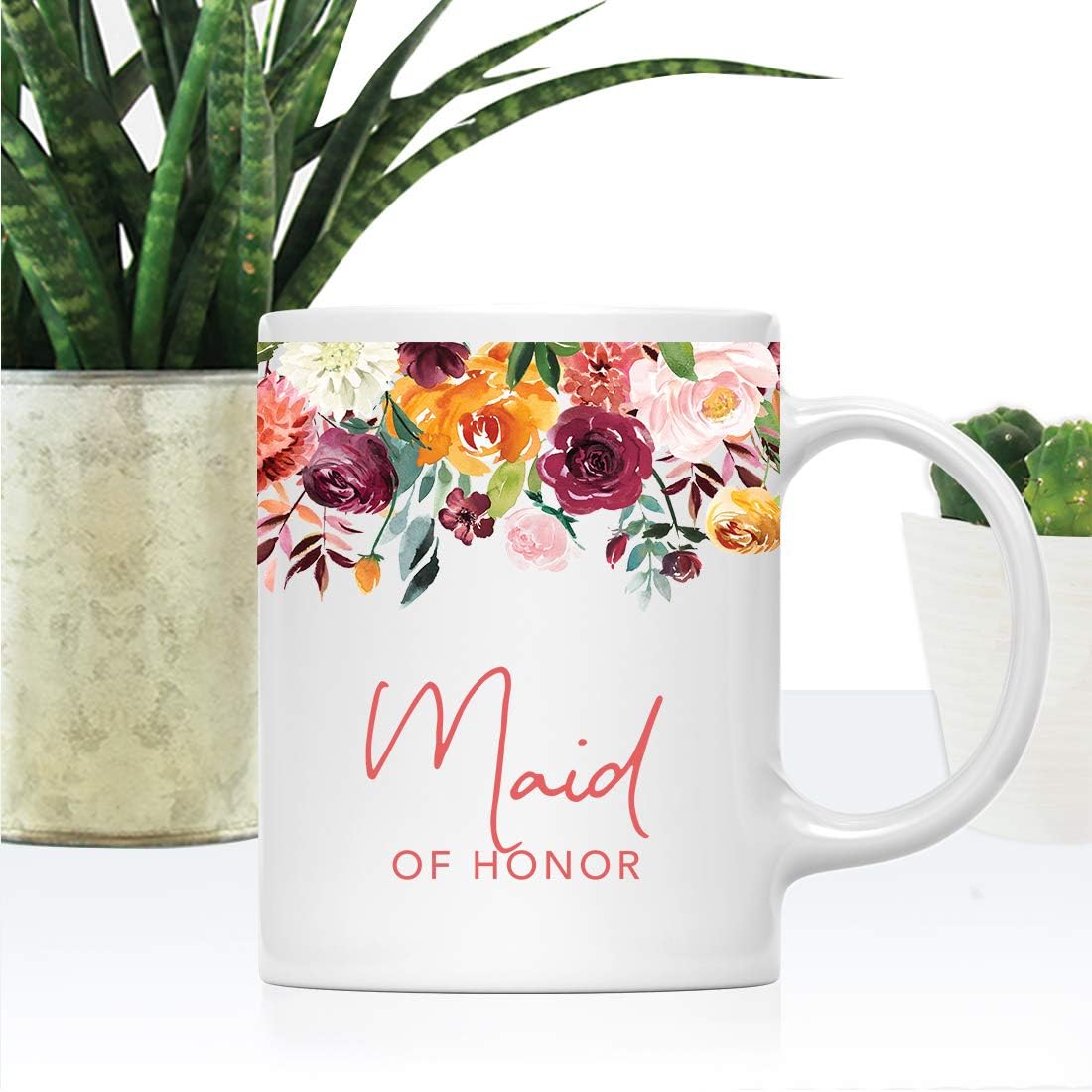 Andaz Press 11oz. Wedding Ceramic Coffee Tea Mug Gift, Fall Autumn Burgundy Orange Peach Flowers Roses Florals, Maid of Honor, 1-Pack, Includes Gift Box