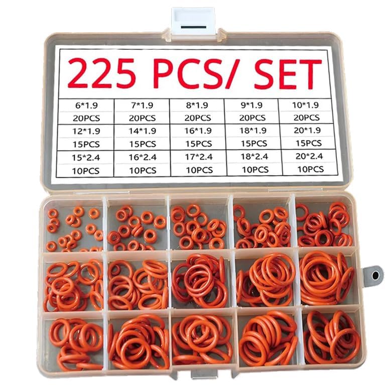 Silicone Rubber O-Ring Assortment Kit 225 Pieces 15 Sizes Metric VMQ Sealing Gasket Set for Cup Lids, Coffee Maker, Brewing Fitting, Washer, Filter, Pump, Plumbing, Hose, Gauge, Auto, Machine, Red.