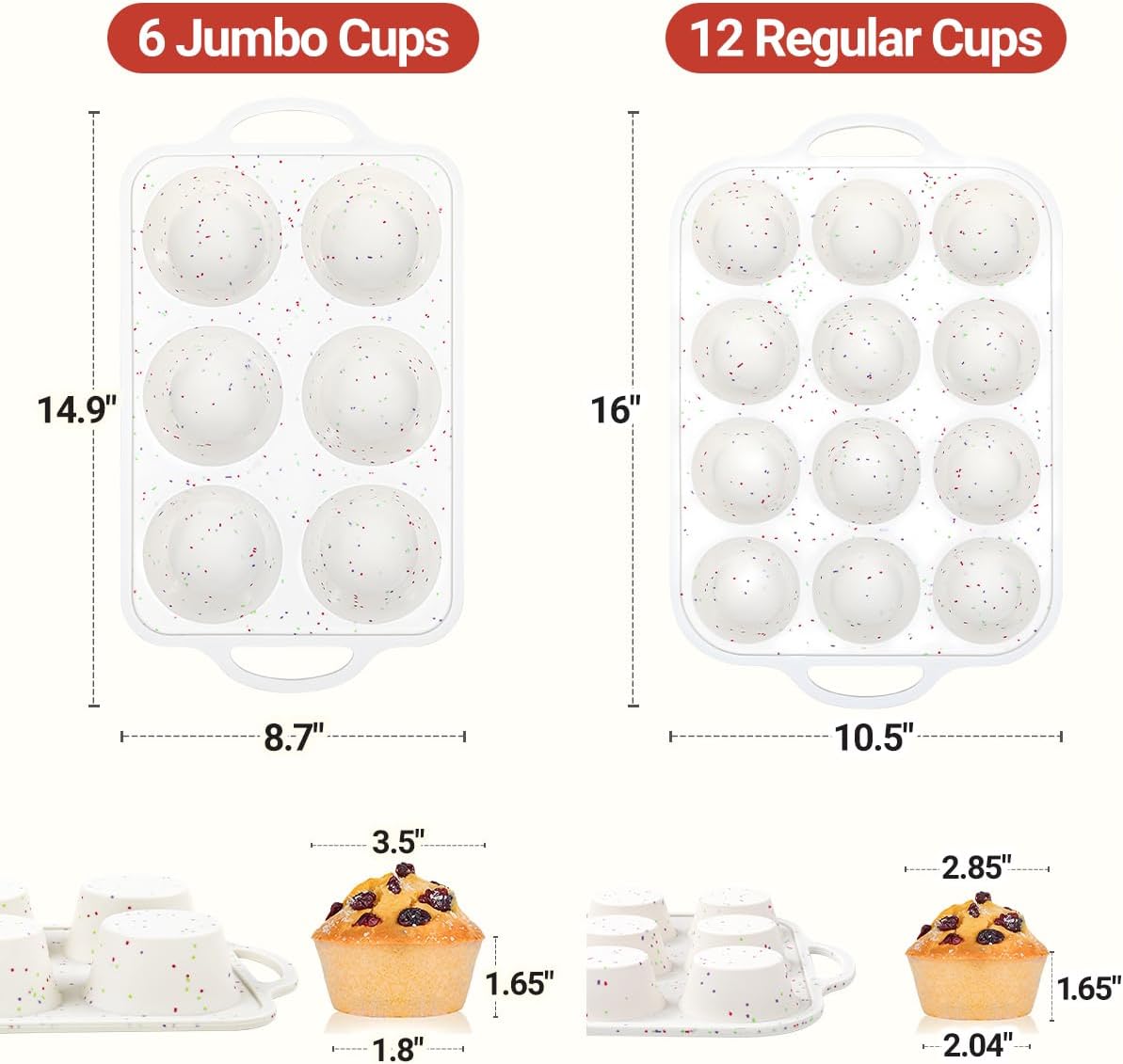 Silicone Muffin Pans for Baking, Metal Reinforced Frame Jumbo 6 Cups & Regular 12 Cups Cupcake Pan Nonstick Muffin Pan for Homemade Baking Easy to Handle