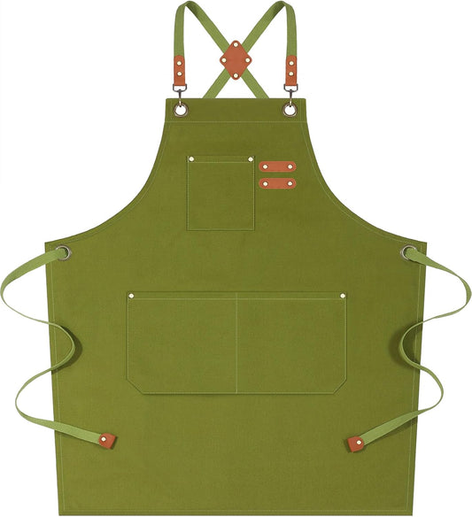 AFUN Chef Aprons for Women Men with Large Pockets, Cotton Canvas Cross Back Water Repellent Work Apron, Size M to XXL (Armygreen)